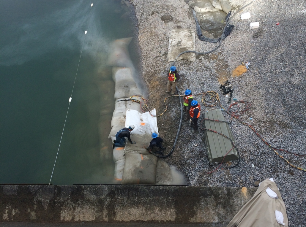 grout bags being installed in place of gabions